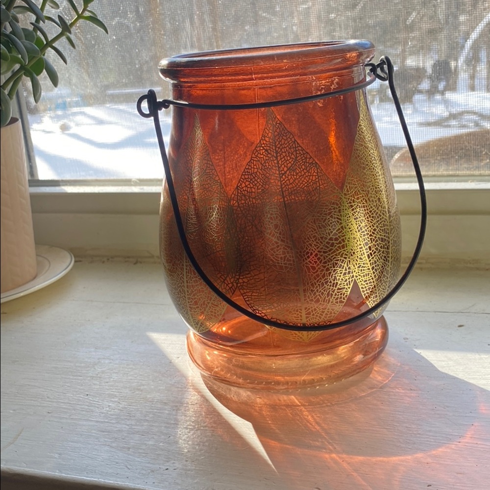 Orange and Black Lantern with Textured Glass and Metal Handle